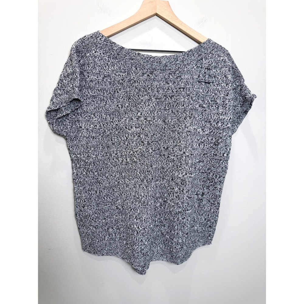 Talbots L 100% Linen Knit Top Black White Marled Textured Short Sleeve Minimal